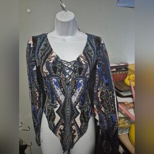 Free People Blue and Black Asymmetrical Bodysuit with Tie Front